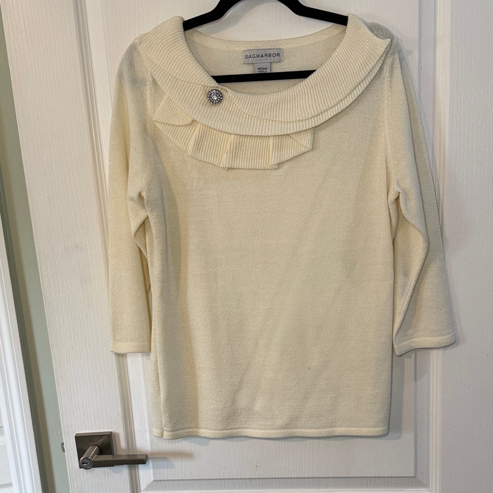 Sag Harbor Cream Knit Top with Embellished Collar